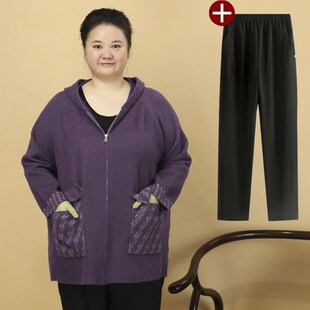 针织开衫女士中老年人加肥加大休闲毛G衣洋气胖妈妈春秋中长款上
