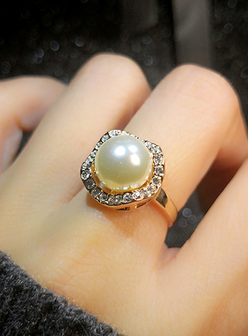 日韩版满钻锆石碎钻百搭个性潮人简约大珍珠女款夸张食指装饰戒指