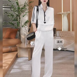 夏装 两件 搭配b一整套女2025新款 运动风立领抽绳上衣休闲阔腿长裤