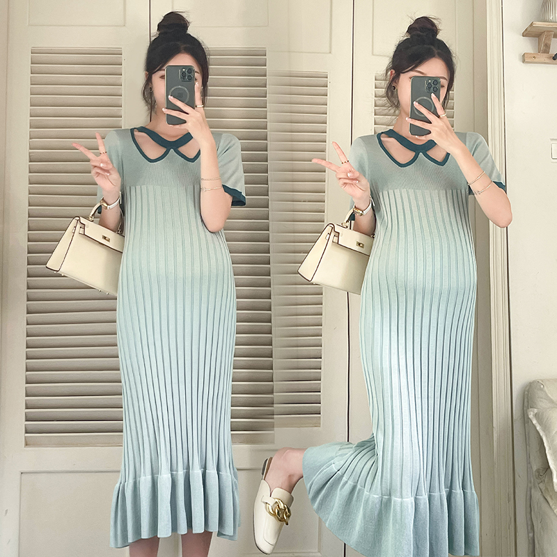 孕妇装夏装时尚辣妈短袖连衣裙2023新款孕妇裙夏季韩版鱼尾裙潮妈