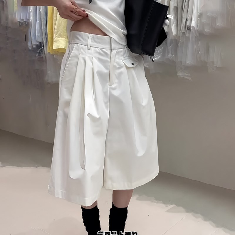 白色宽松时尚感压褶设计七分裤女2025夏季新款百搭休闲风阔腿裤子