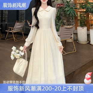 新中式盘扣改良旗袍长裙子秋冬大尺码加厚内搭磨毛蕾丝.A字洋装女