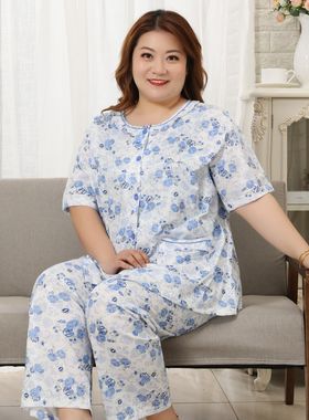 大码女睡衣夏季薄短袖长裤中老年妈妈加肥加大200斤胖人两件套装