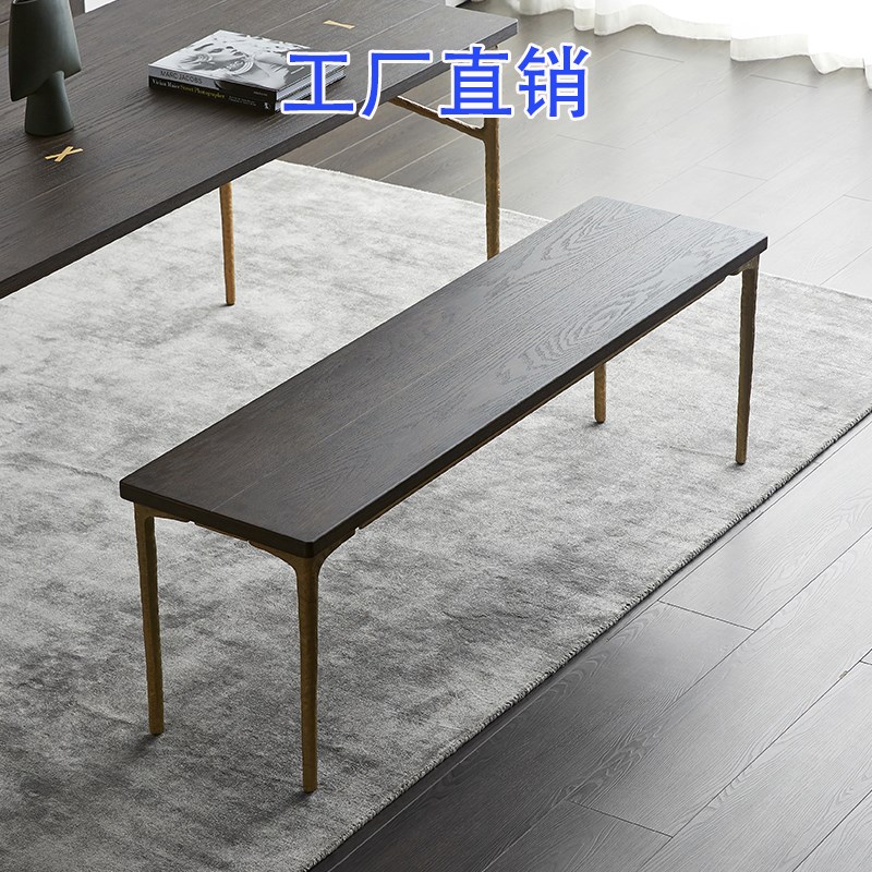 北欧中古侘寂风表情实木长条凳做旧烟熏色换鞋凳铸铁床尾凳长凳子