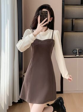 法式复古假两件长k袖连衣裙女秋冬季新款御姐风小个子收腰打底裙
