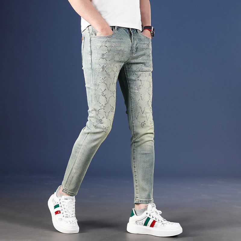 时尚烫钻轻奢九分牛仔裤男欧货潮牌修身小脚9分裤夏季薄款裤子潮