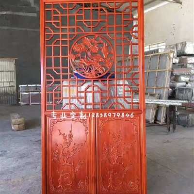 东阳木雕荷鱼中式格镂空实木隔断进门玄关镂空屏风格栅窗格