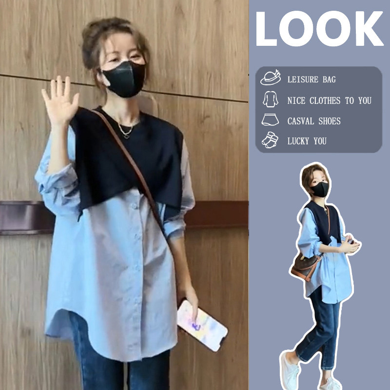 哺乳衣外出辣妈款春秋季时尚宽松洋气拼接假两件喂奶衣服上衣秋装