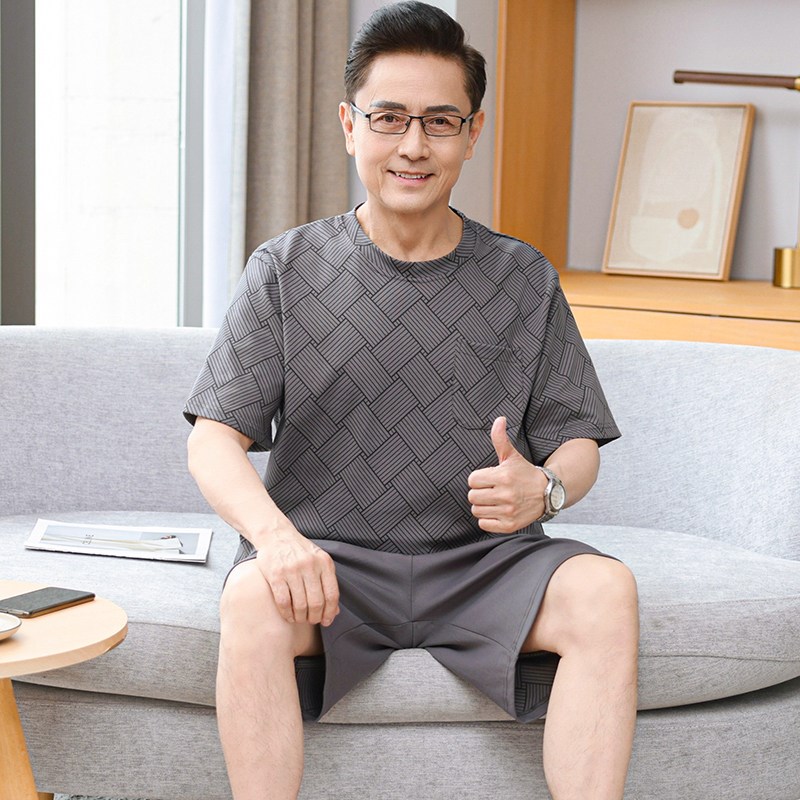 中老年人睡衣男士纯棉夏季薄款短袖五分裤大码宽松爸爸家居服套装