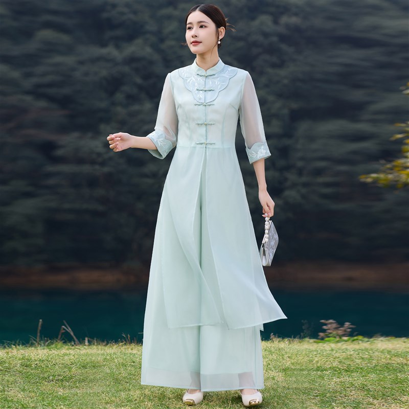 2025新款新中式国风套装女夏季刺绣改良旗袍两件套禅意茶服
