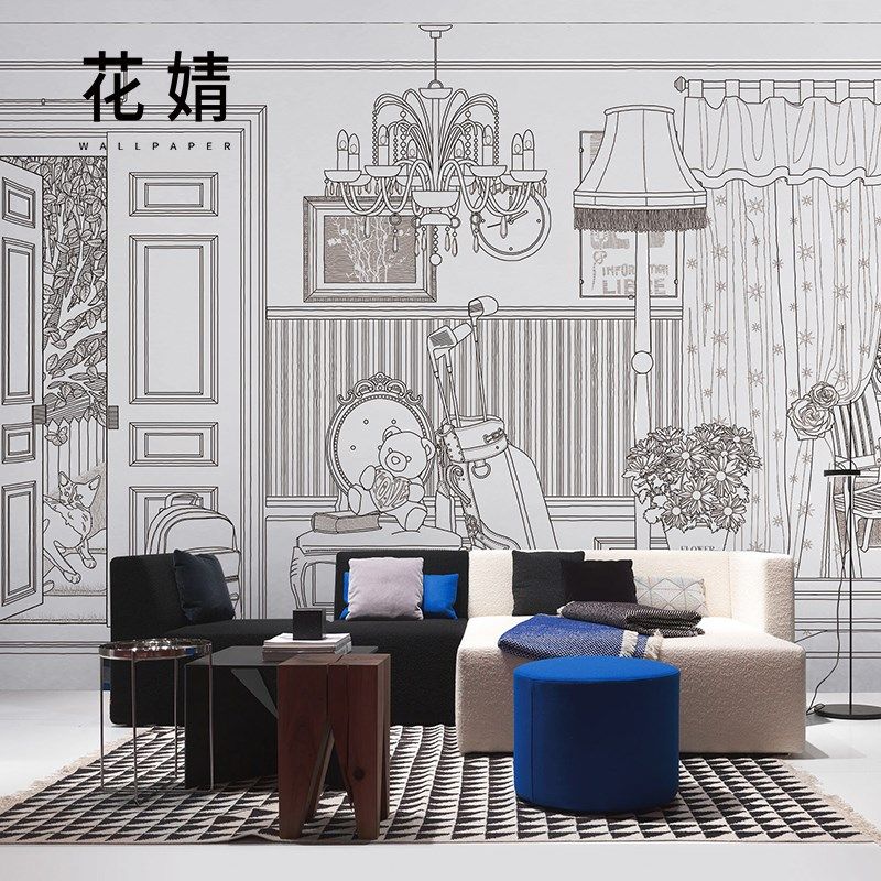 北欧黑白素描空间创意客厅餐厅墙纸无纺布壁画电视背景墙艺术壁纸