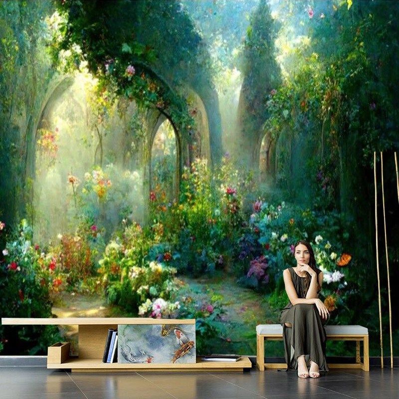 3D立体梦幻森林风景壁纸摄影油画风壁画花园植物卧室背景墙纸壁布