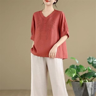 可外穿棉麻睡衣套装女夏季中老年居家短袖T恤阔腿裤复古风两件套