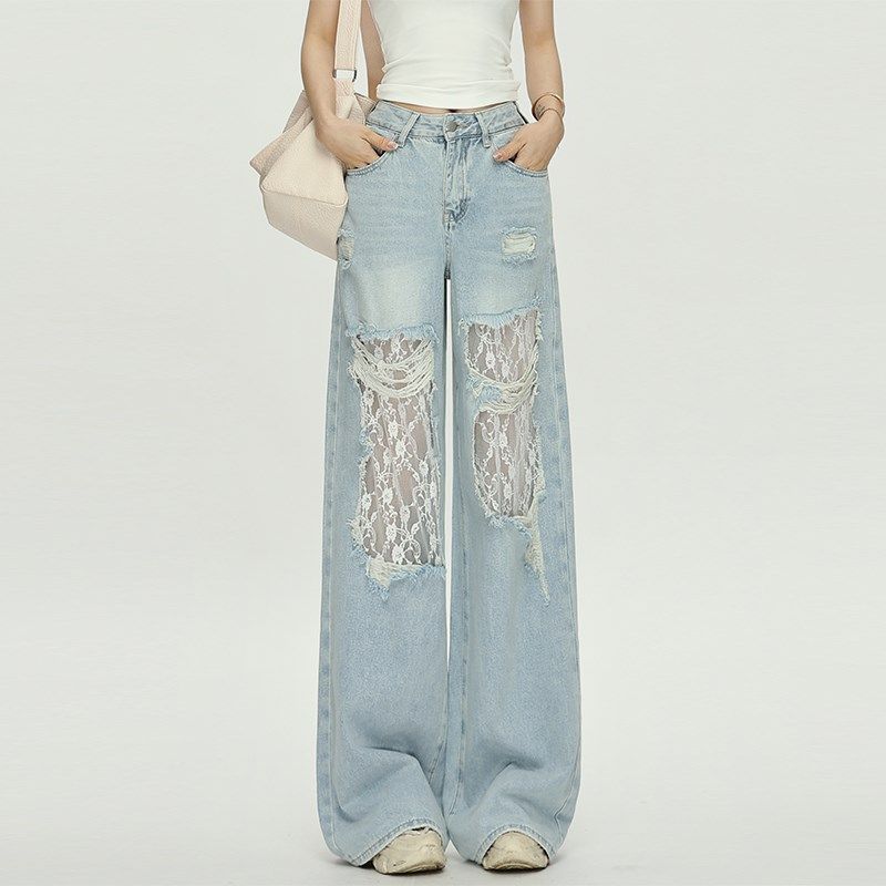 300斤特大码复古美式设计蕾丝拼接破洞牛仔裤女胖mm显瘦阔腿裤子
