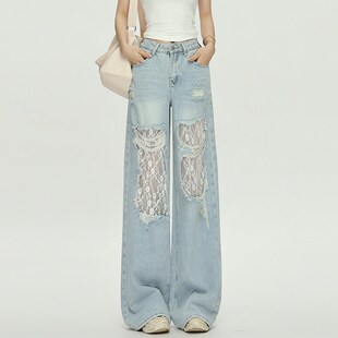 300斤特大码复古美式设计蕾丝拼接破洞牛仔裤女胖mm显瘦阔腿裤子