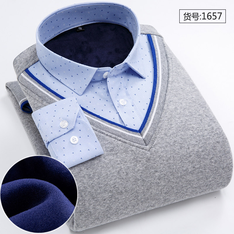 男士假两件保暖内衣中老年加绒加厚青年上衣衬衫领针织衫防寒毛衣