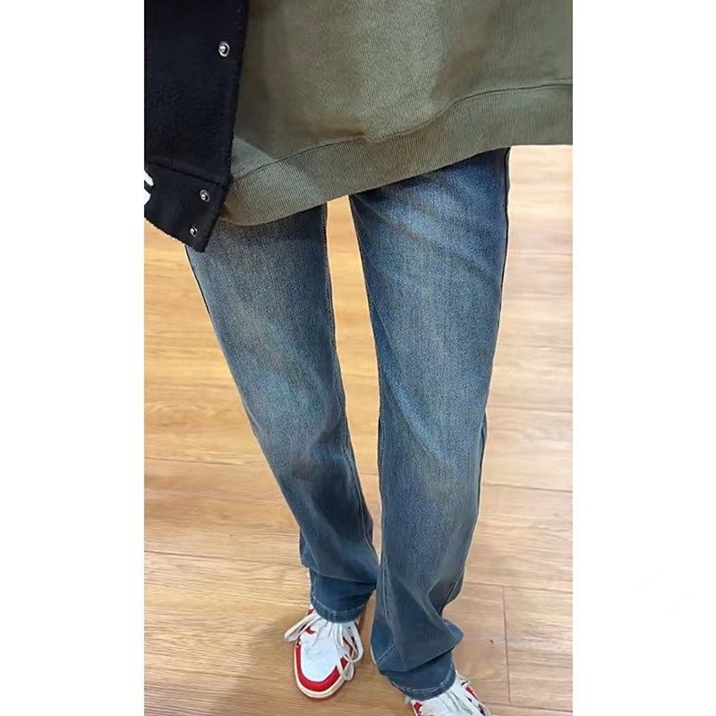 直筒牛仔裤女大码宽松微胖穿搭窄版阔腿裤小个子高腰加绒复古长裤