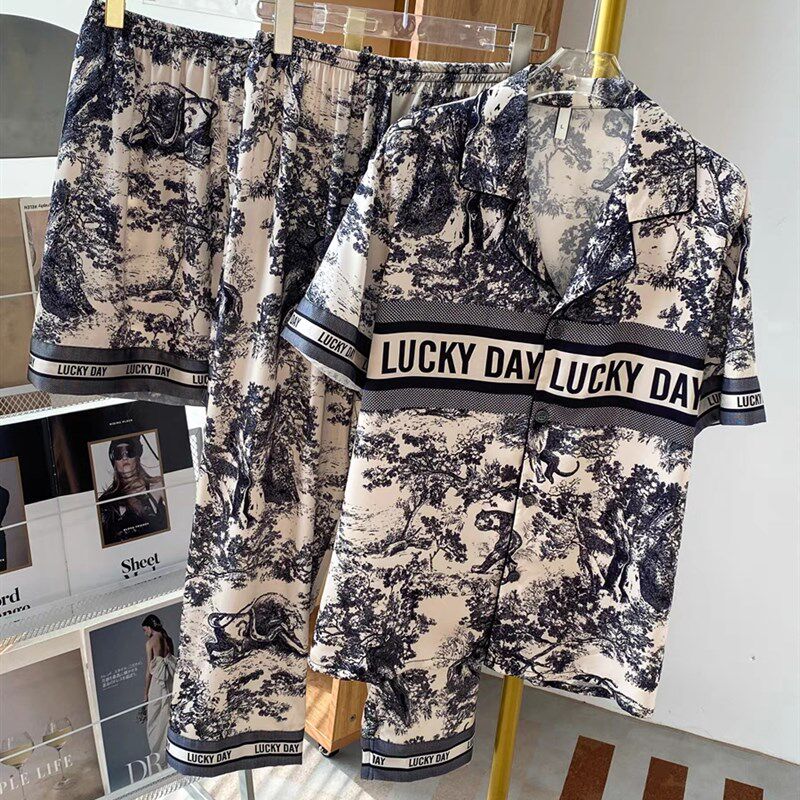 情侣睡衣三件套男女款夏季宽松薄款高级感休闲短袖短裤长裤家居服