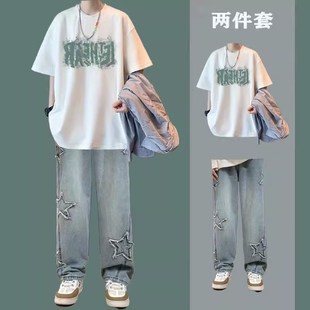 夏季短袖男生酷帅穿搭套装2024新款潮流帅气休闲搭配男装牛仔长裤