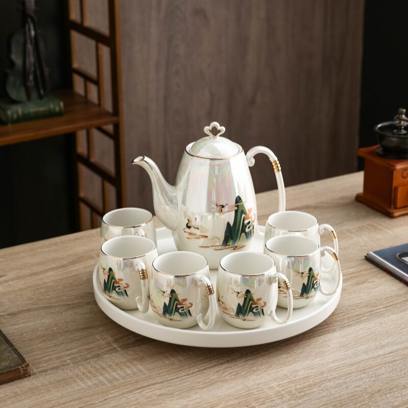 轻奢国潮b水具套装家用客厅陶瓷水杯子中式结婚茶具茶杯托盘乔迁