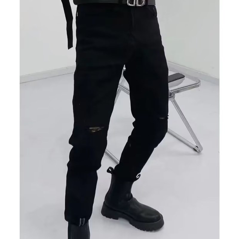 高端时尚防掉色牛仔裤男黑色春夏季新款潮流修身小脚破洞休闲长裤