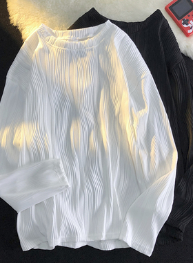 高级感冰丝长袖T恤男装潮牌百搭纯色薄款外穿圆领套头体恤衫上衣