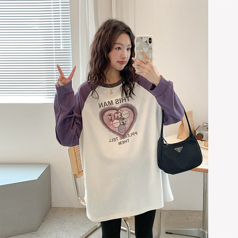 孕妇上衣春秋装2024新款拼色插肩长袖t恤女宽松大码遮肚子打底衫