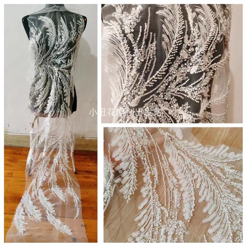 羽毛翅膀珠绣瓷白片鱼尾布贴 婚纱礼服刺绣蕾丝花贴 新品上市
