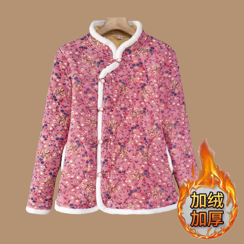 妈妈秋冬季加绒复古盘扣碎花棉衣短款保暖棉袄大码中老年女装棉服