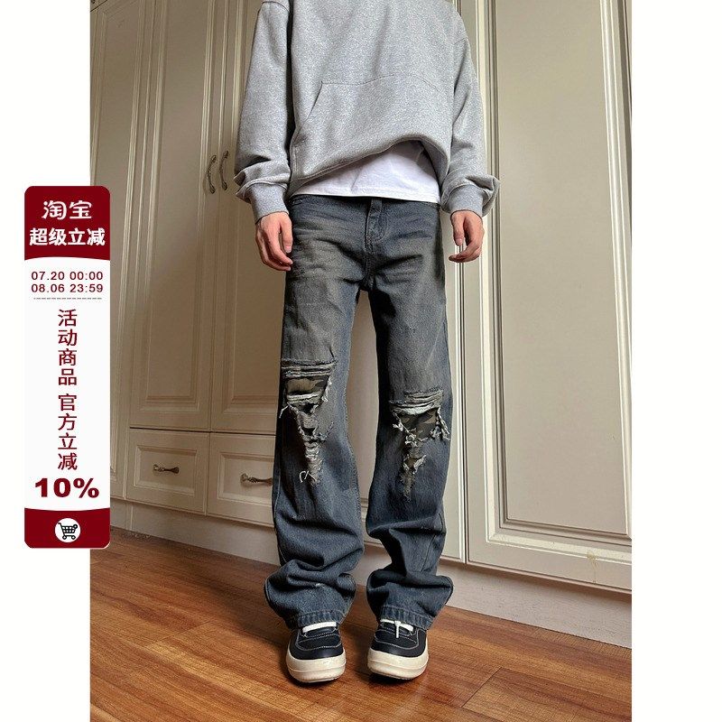 F383 2025美式覆古高街修补程式破洞迷彩牛仔裤男女宽松直筒裤子