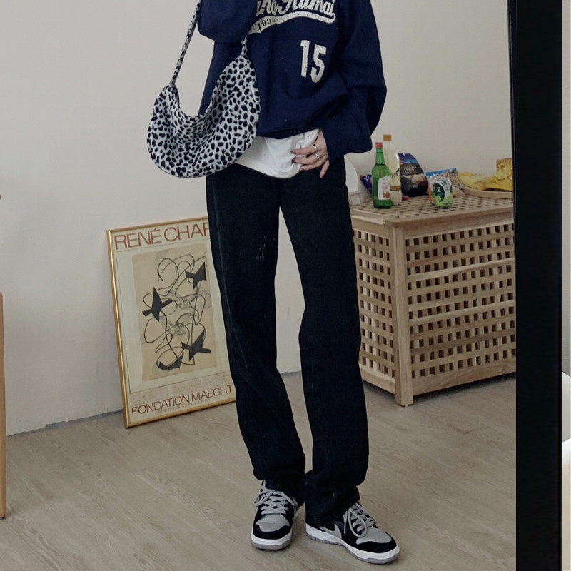 孕妇直筒牛仔裤春秋薄款外穿黑色宽松时尚阔腿拖地裤长裤子春秋款