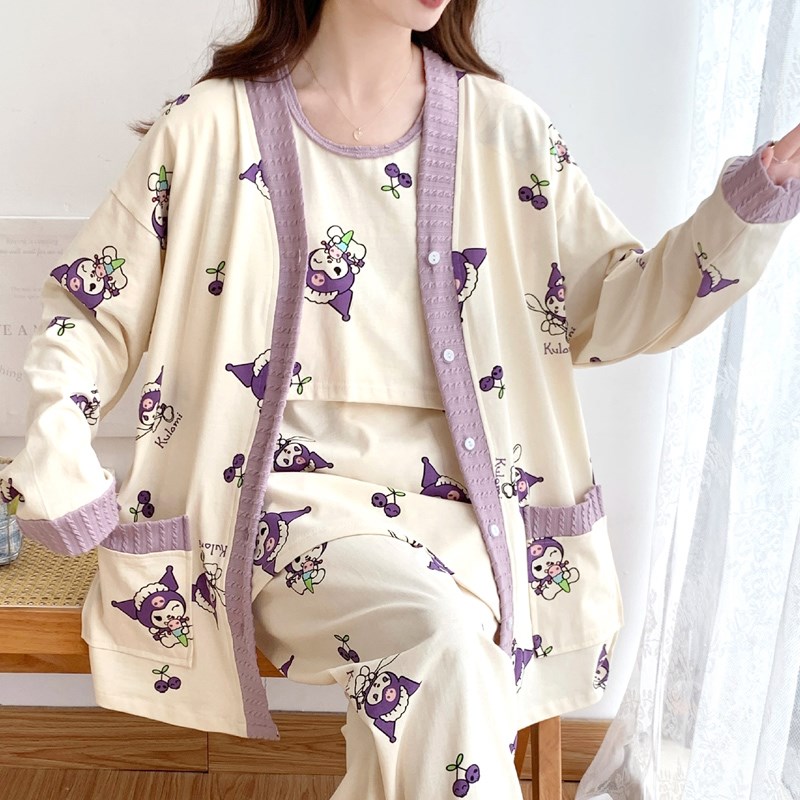 带胸垫月子服春夏季产后哺乳纯棉薄款孕妇睡衣三件套家居产妇加大