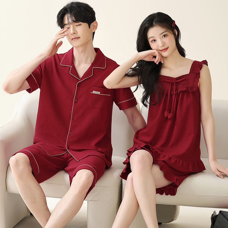 思馨坊睡衣纯棉短袖短裤夏季薄款结婚新婚红色一男一女家居服套装