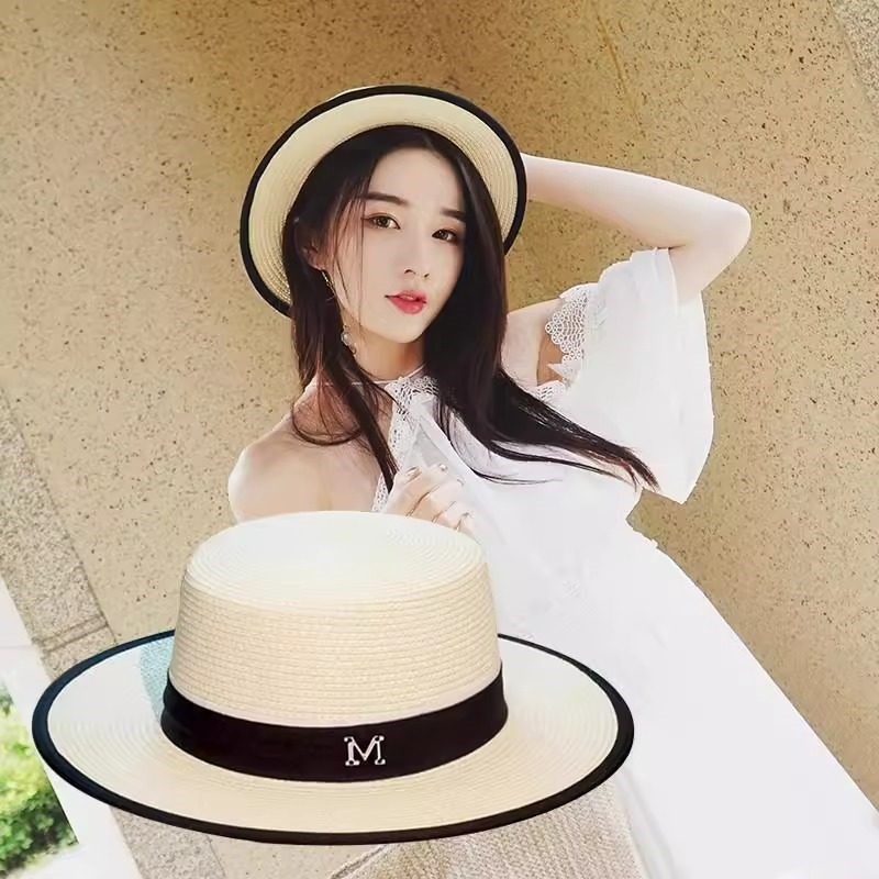 韩国平顶小檐草帽子女夏天遮阳防晒草编凉帽网红夏季时尚英伦礼帽