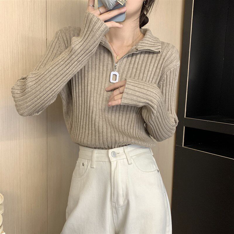 秋冬辣妈款外出哺乳加厚显瘦毛衣拉链高领针织产后喂奶打底衫上衣