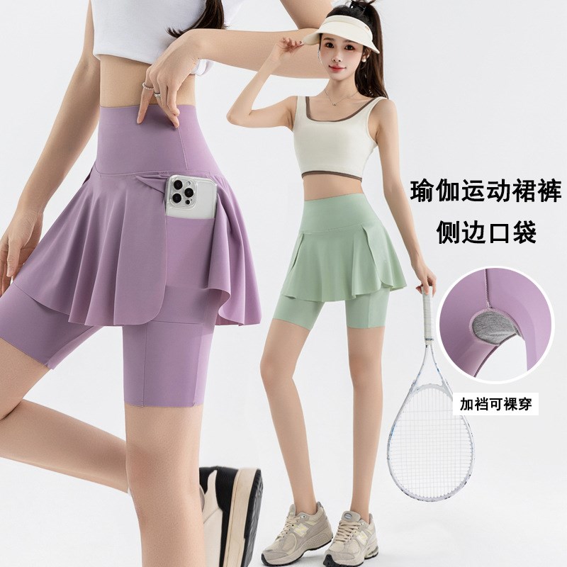 假两件瑜伽裙裤口袋加裆短裤女款夏季新款高腰辣妹大码骑行裤子