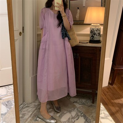NAZ那子大码夏季全苎麻设计感宽松气质胖mm直筒时尚木耳边连衣裙