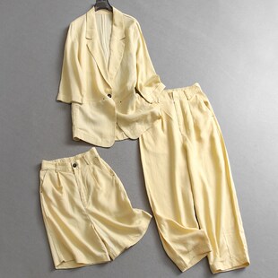 纯色亚麻薄款凉感透气七分袖西装可配一整套阔腿裤女三件套装C572