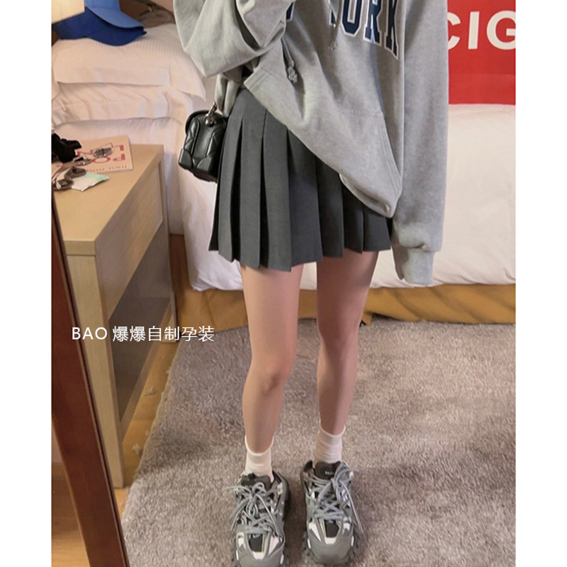 孕妇低腰百褶短裙夏春秋季2022薄款韩版灰色显瘦A字托腹半身裙子