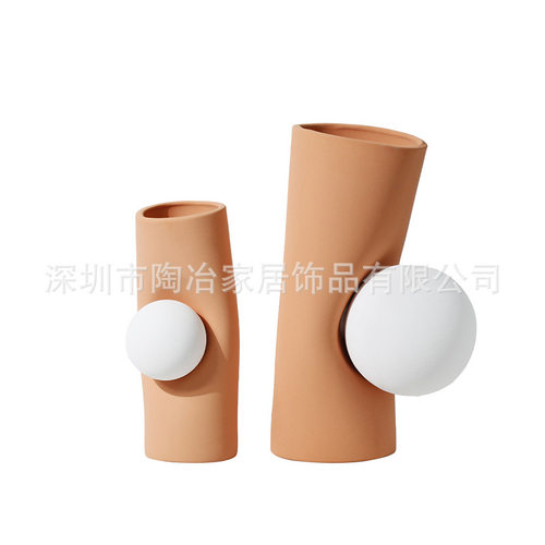 现代简约橙白色陶瓷镶球花器创意花瓶工艺品样板房U售楼处软装饰