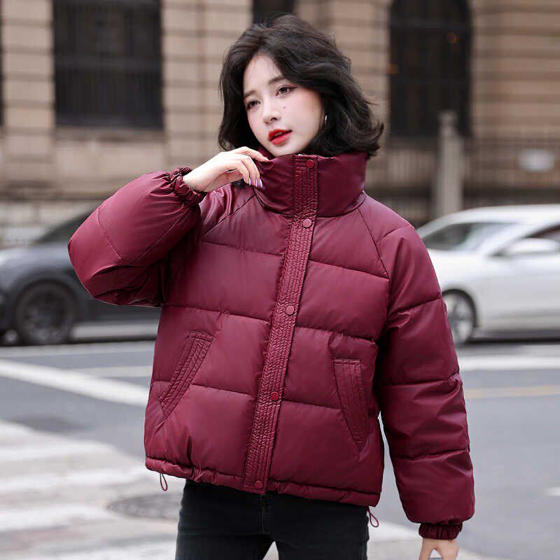 秋冬新款立领免洗皮面棉袄大码宽松加厚棉服减龄短款羽绒棉衣女士