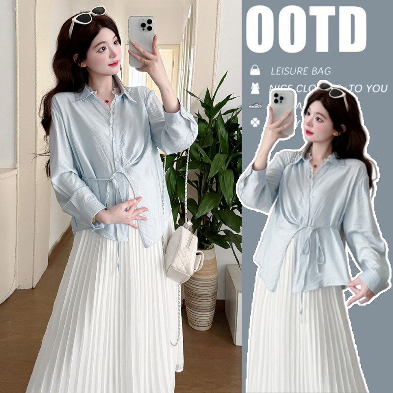 孕妇套装夏季时尚显瘦孕妈穿搭休闲减龄衬衫白色百褶半身裙两件套