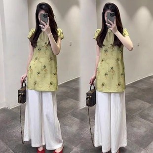 时尚套装女2025夏季新款新中式盘扣旗袍短袖上衣阔腿裤气质两件套