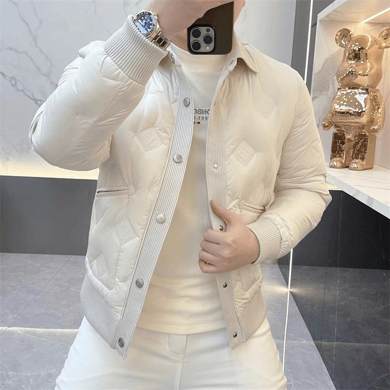 高端欧货白色羽绒服男士潮牌压花羽绒衣冬季针织翻领轻薄保暖外套