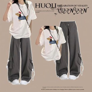 11-17岁初中学生套装女2025夏季大童女甜美短袖工装裤两件套