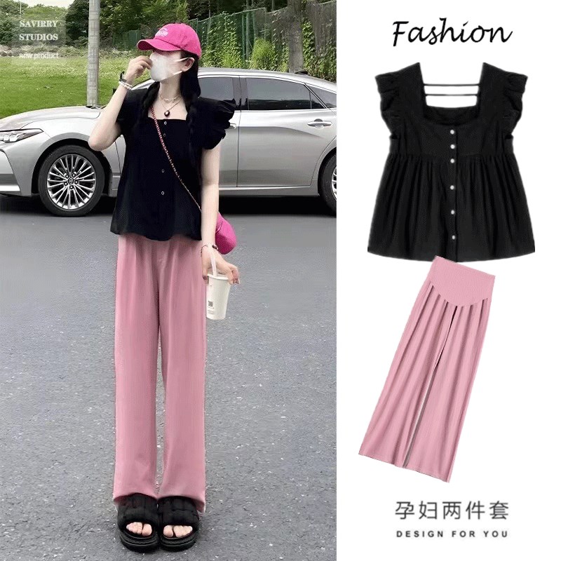 孕妇衬衣夏季时尚套装夏款大码宽松娃娃衫洋气设计感上衣女两件套