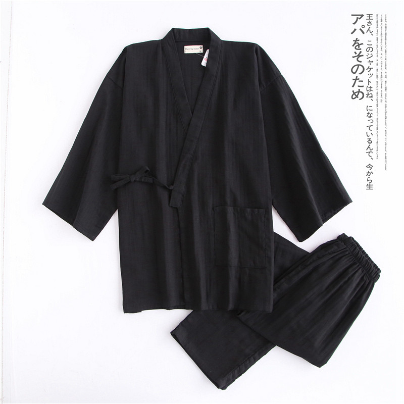 日式睡衣春秋男汉和服棉麻套装纯棉双层纱布汗蒸服大码薄款纯黑色