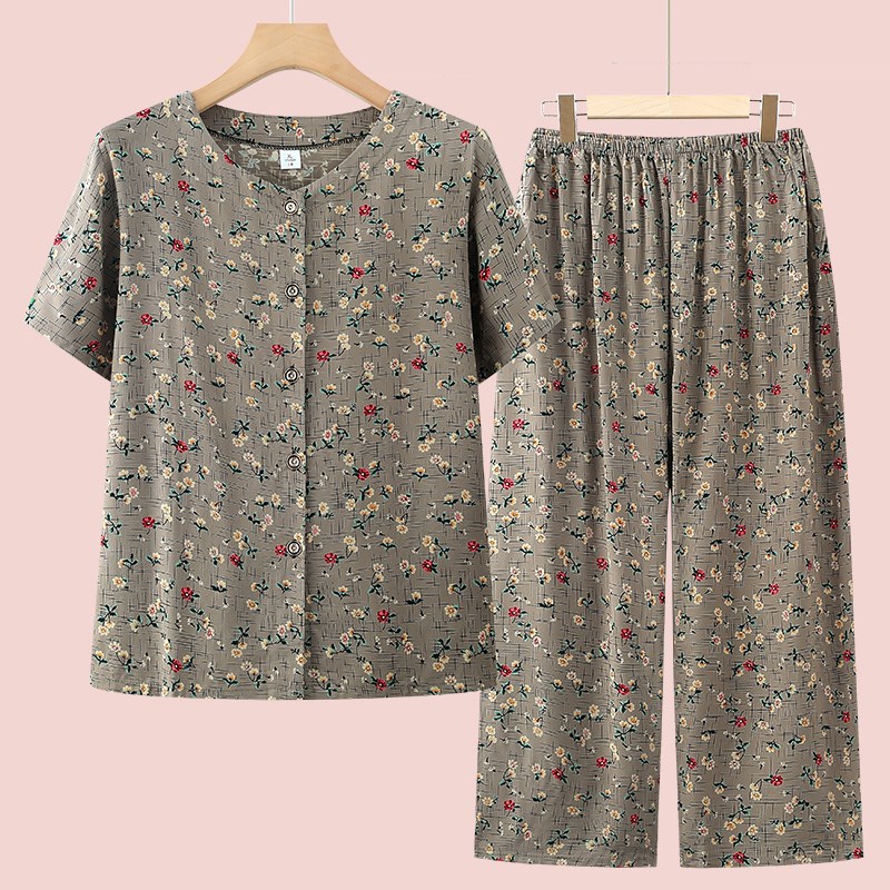 老年人奶奶夏天纯棉绸开衫睡衣女夏装薄款妈妈短袖居家服两件套装
