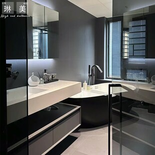 意式 极简可丽耐一体盆洗漱台岩板陶瓷浴室柜组合卫生间洗脸盆定制