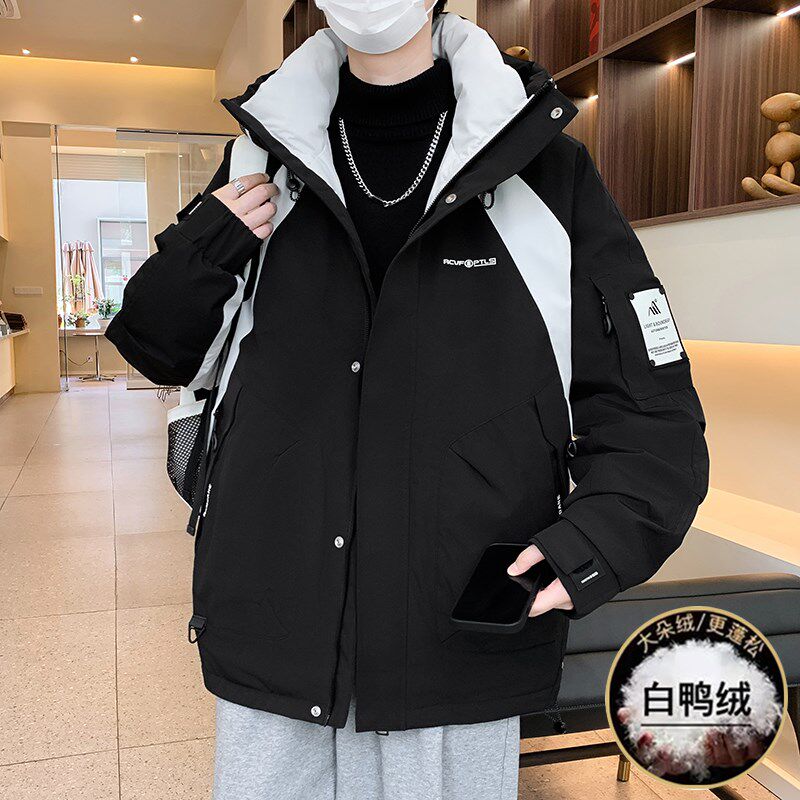 冬季连帽羽绒服男孩初中高中学生潮流帅气青少年大童冬装加厚外套